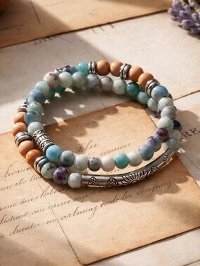 Earth Tone Boho Beaded Double Loop Stretch Bracelet Silver Plated Alloy Tube